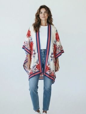 Flying Tomato Open Kimono Top Rayon Drape Cardigan Red White Blue Floral S M NWT